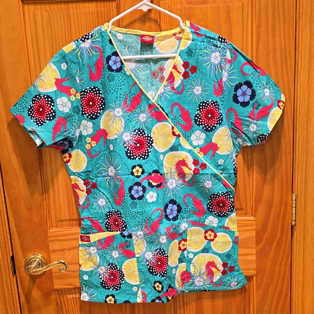 Dickies Red and Yellow Design on Green Fabric. Womens Scrub Top.